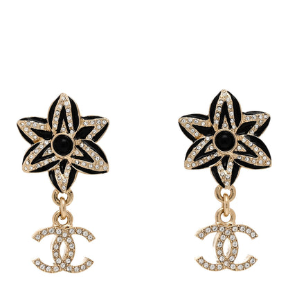 Chanel Enamel Crystal CC Camellia Flower Earrings Gold Black 1 of 5