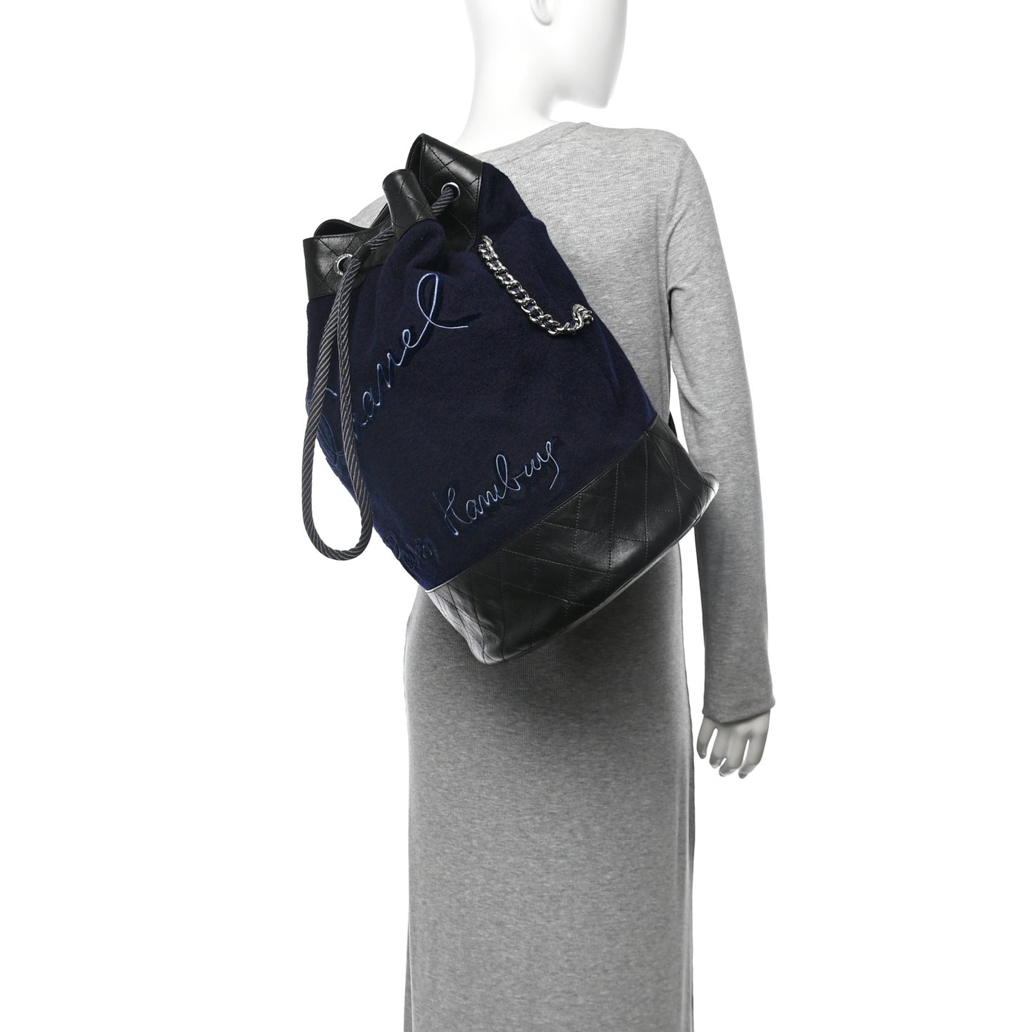 Wool Calfskin Embroidered Paris Hamburg Drawstring Backpack Navy Blue