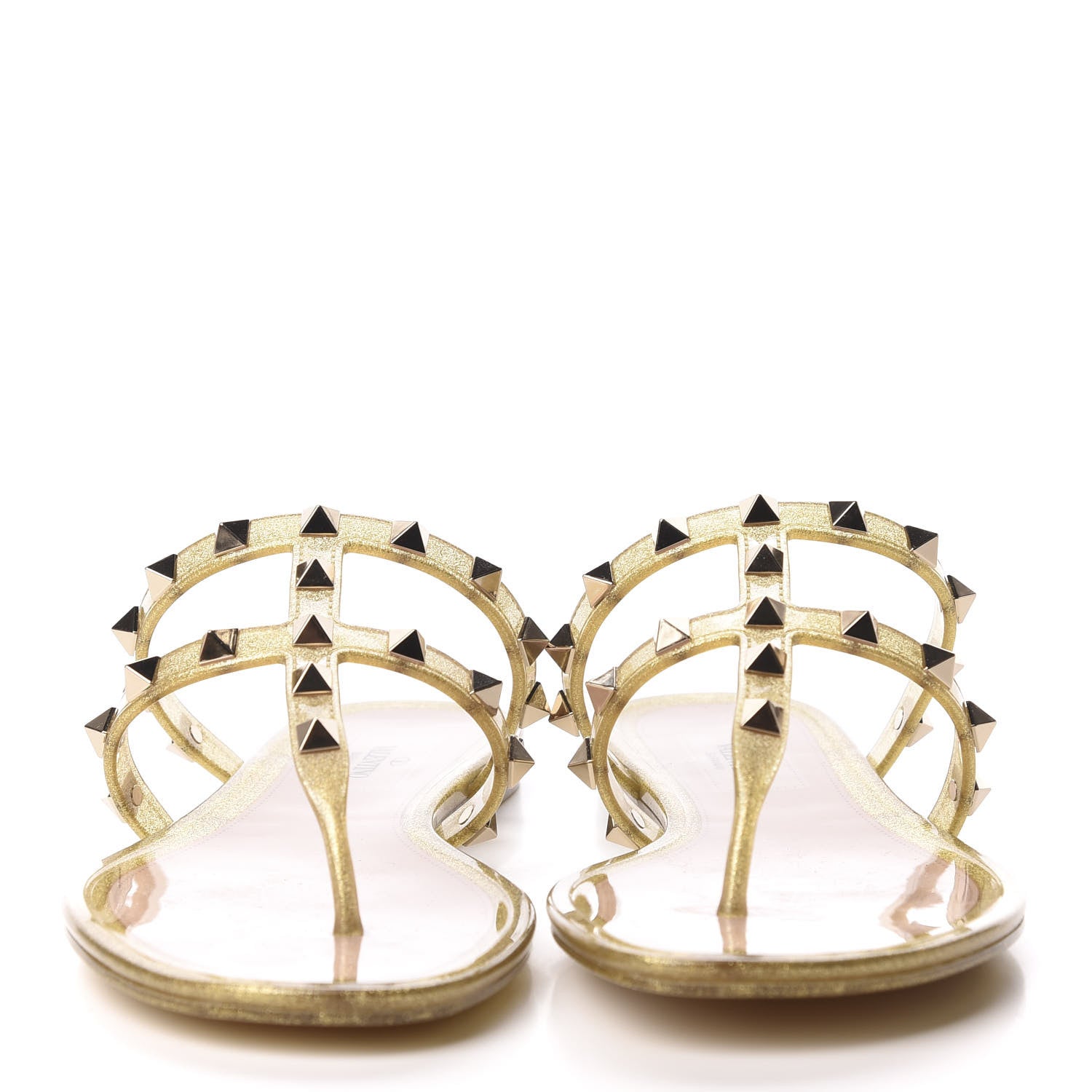 Valentino Garavani PVC Jelly Glitter Rockstud Caged Flat Thong Sandals 36 Oro 2 of 8