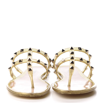 Valentino Garavani PVC Jelly Glitter Rockstud Caged Flat Thong Sandals 36 Oro 2 of 8