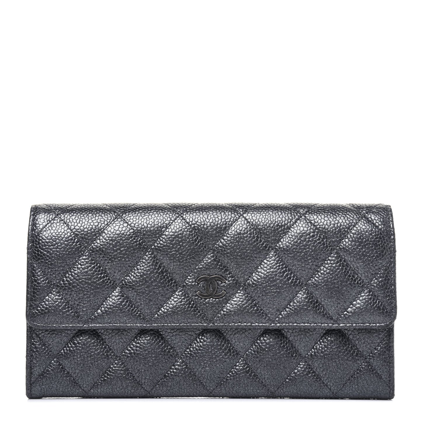 Metallic Caviar Quilted Large Flap Wallet Charcoal