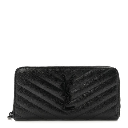 Saint Laurent Grain De Poudre Matelasse Chevron Monogram Monochrome Zip Around Wallet Black 1 of 6