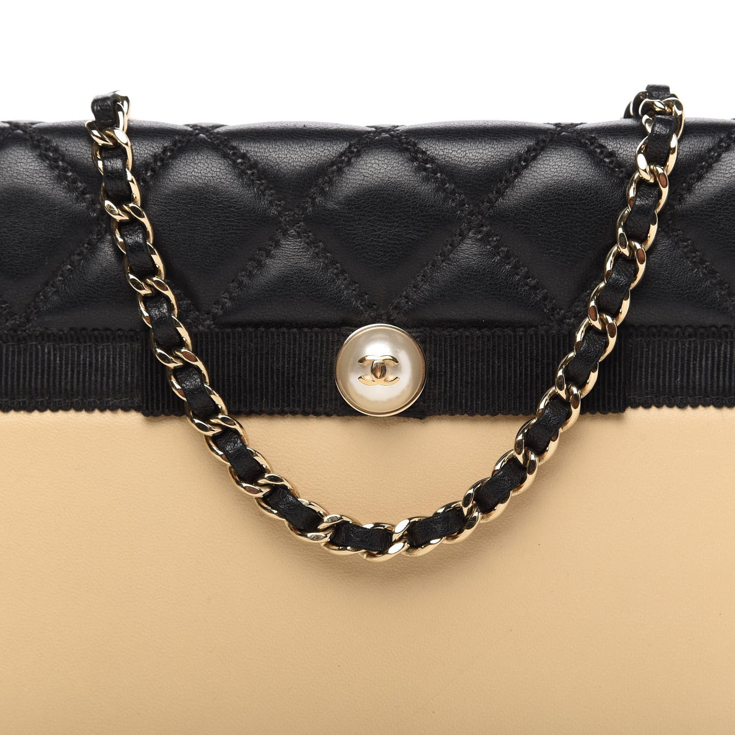 Chanel Lambskin Quilted Wallet On Chain WOC Beige Black 11 of 12
