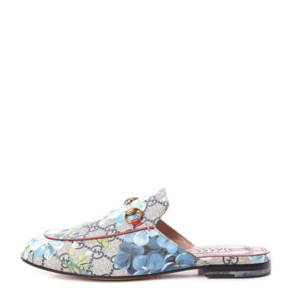 Gucci GG Supreme Monogram Blooms Womens Princetown Slippers 37 Beige Blue Navy Hibiscus Red 1 of 11