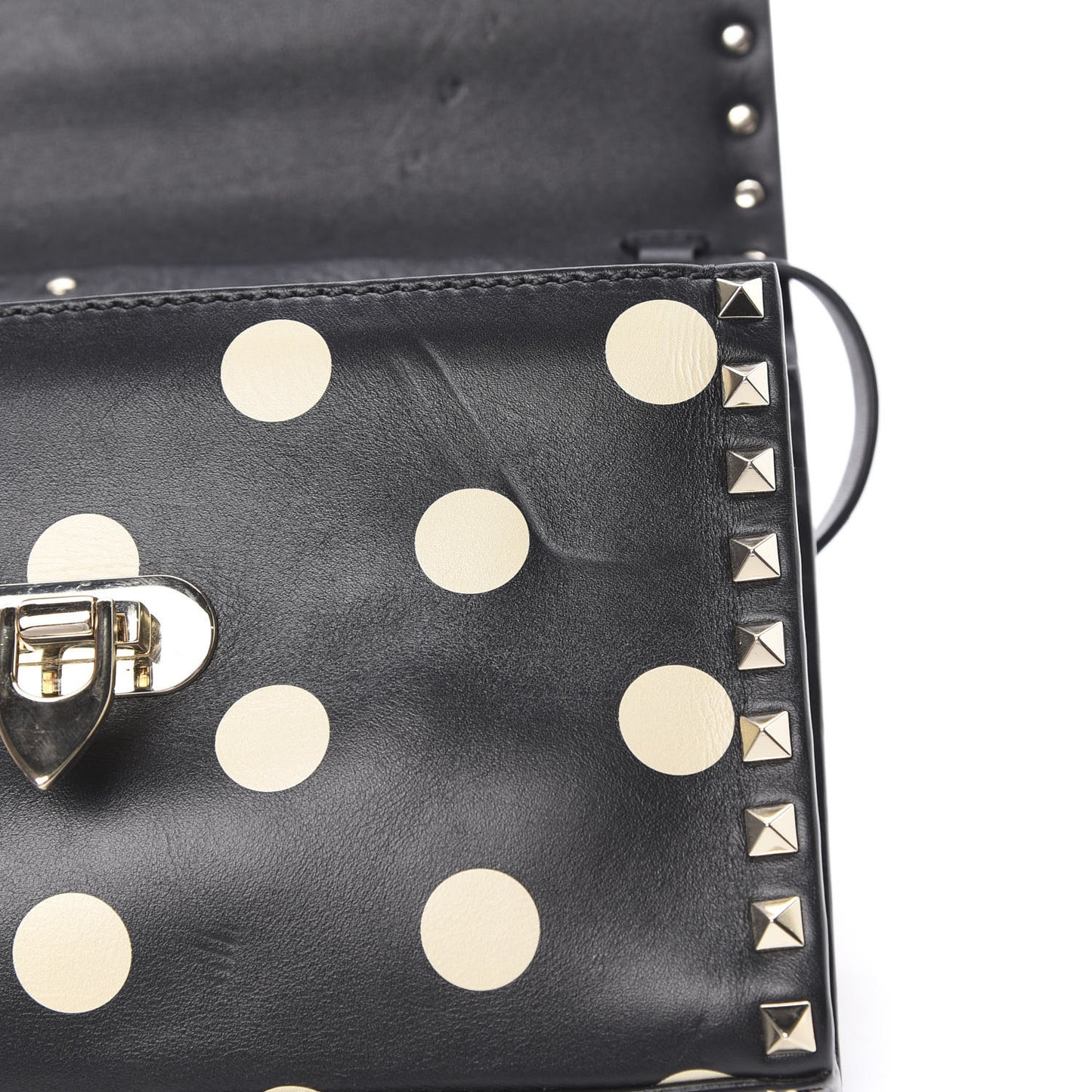 Vitello Polka Dot Medium Rockstud Flip Lock Crossbody Bag Black Light Ivory
