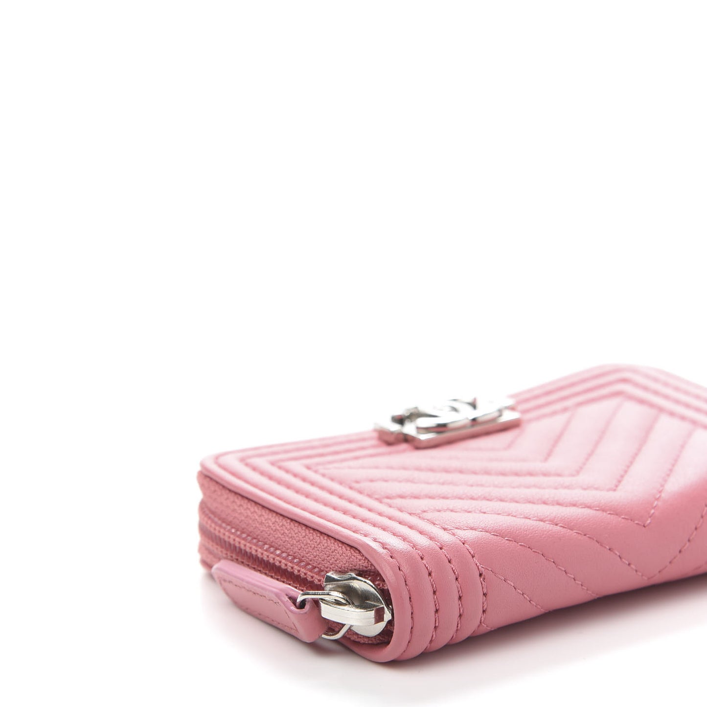 Calfskin Chevron Quilted Zip Around Boy Coin Purse Wallet Pink
