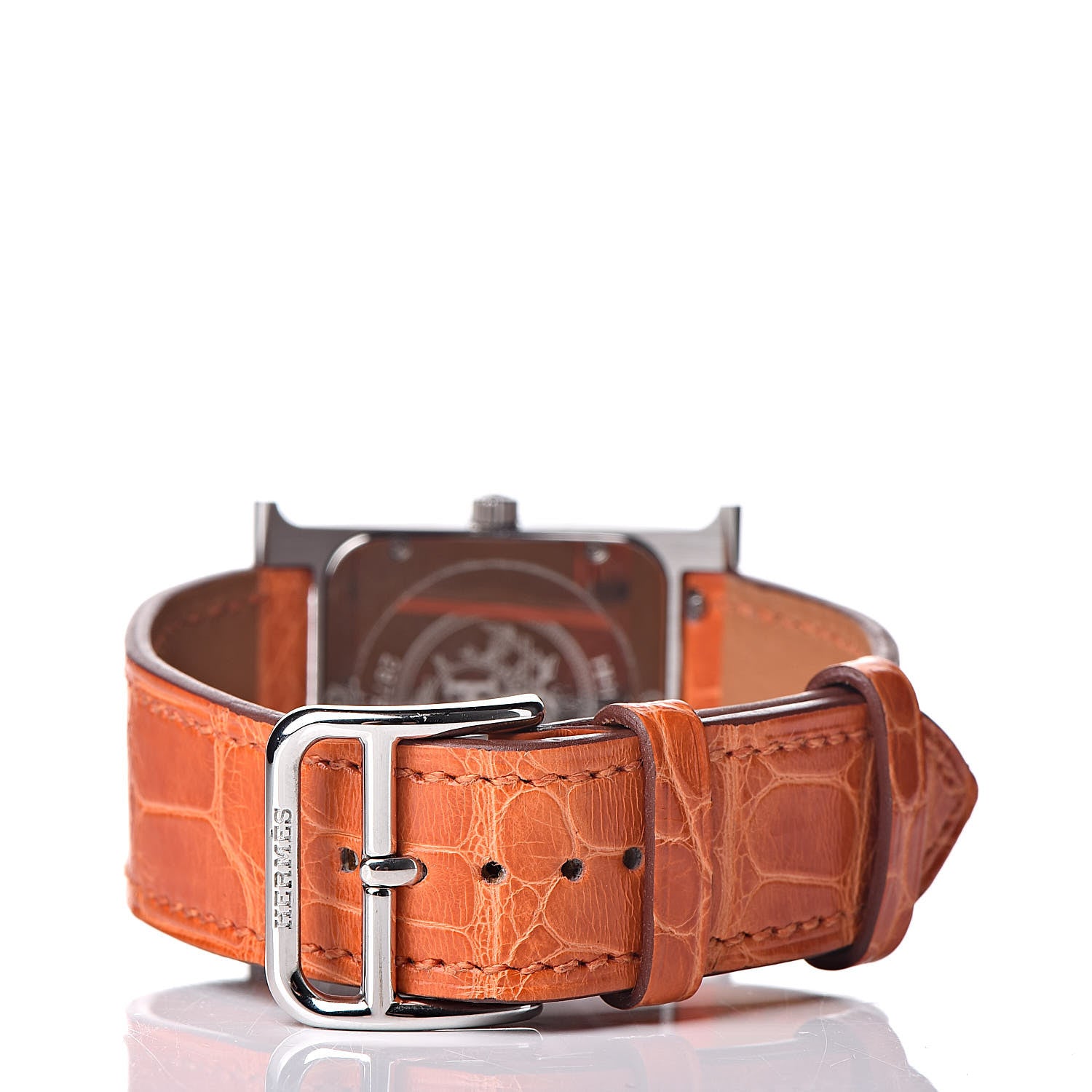 Hermes Stainless Steel Alligator Diamond Mother of Pearl 26mm Heure H Hour Quartz Watch Orange 4 of 8