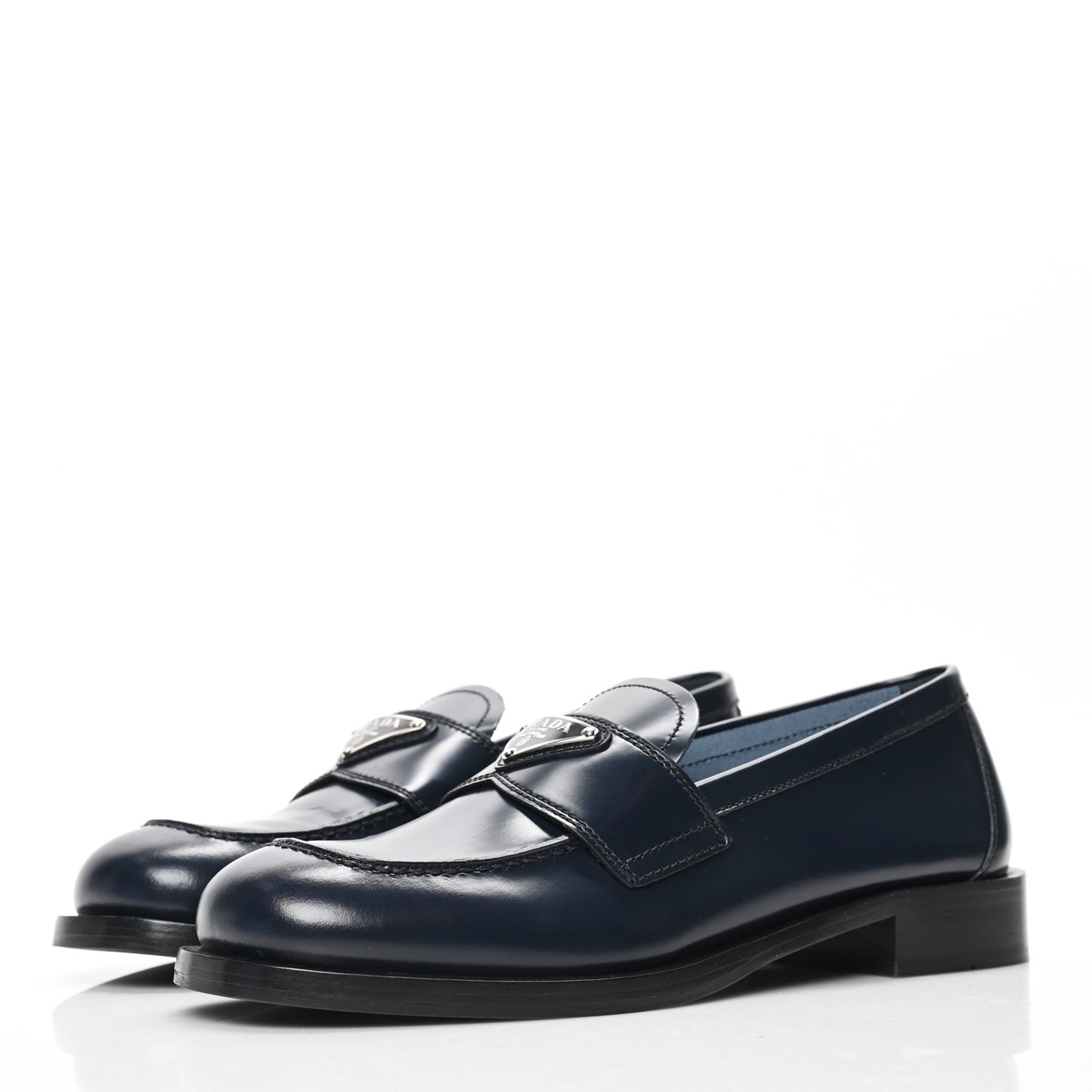 Brushed Calfskin Metal Triangle Logo 20mm Loafers 38.5 Blue