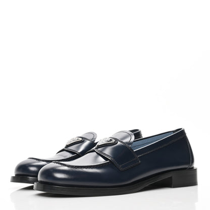 Prada Brushed Calfskin Metal Triangle Logo 20mm Loafers 38.5 Blue 3 of 8