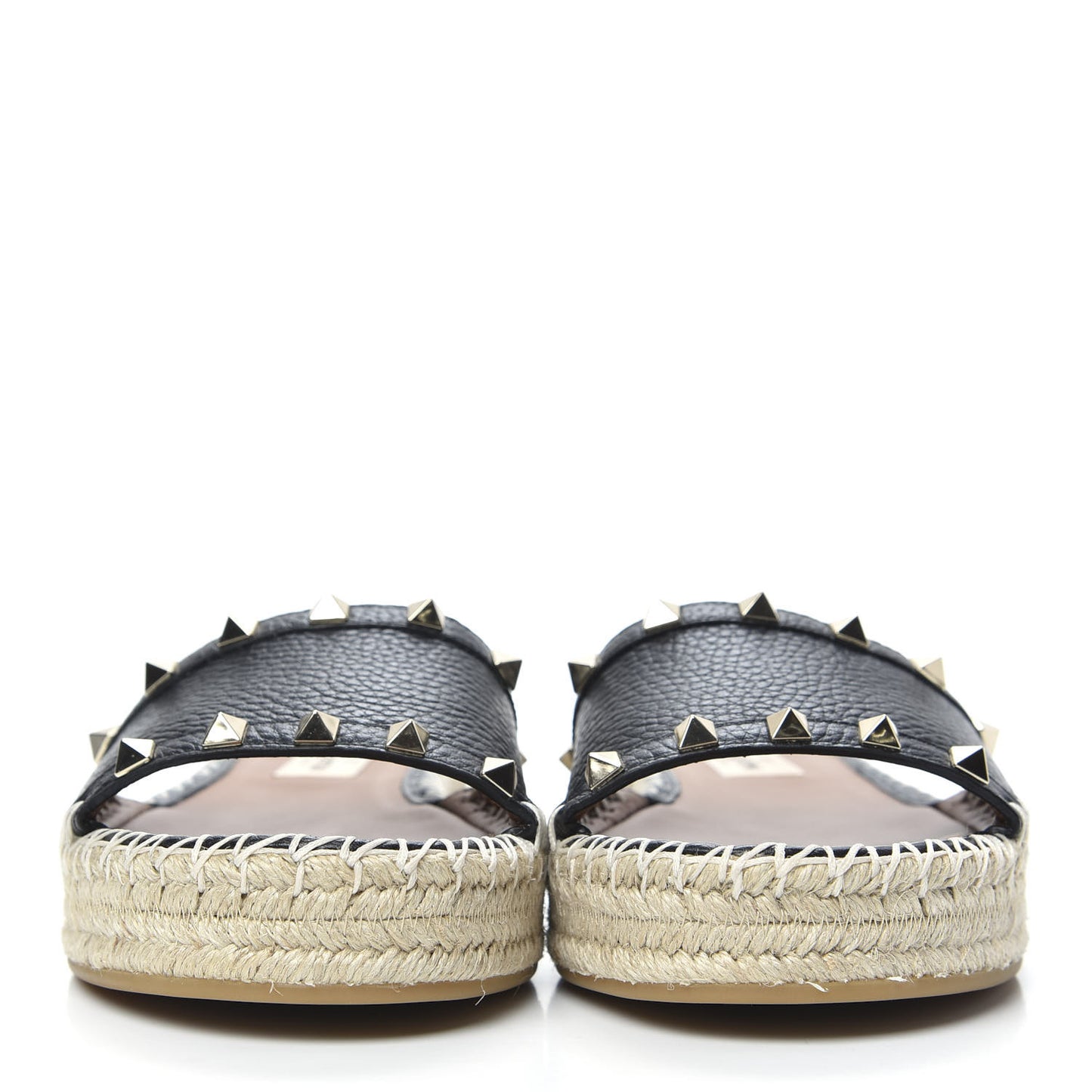 Grained Calfskin Rockstud Espadrille Flat Slide Sandals 37 Black