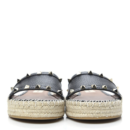 Valentino Garavani Grained Calfskin Rockstud Espadrille Flat Slide Sandals 37 Black 2 of 8