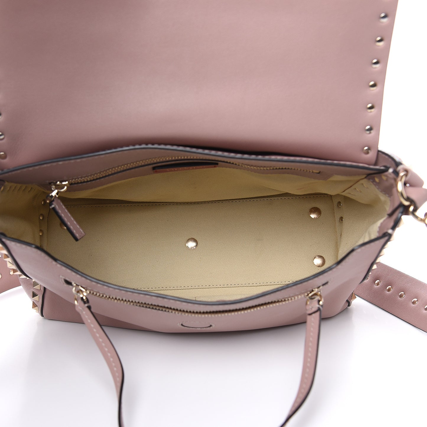 Smooth Calfskin Rockstud Top Handle Shoulder Bag Beige