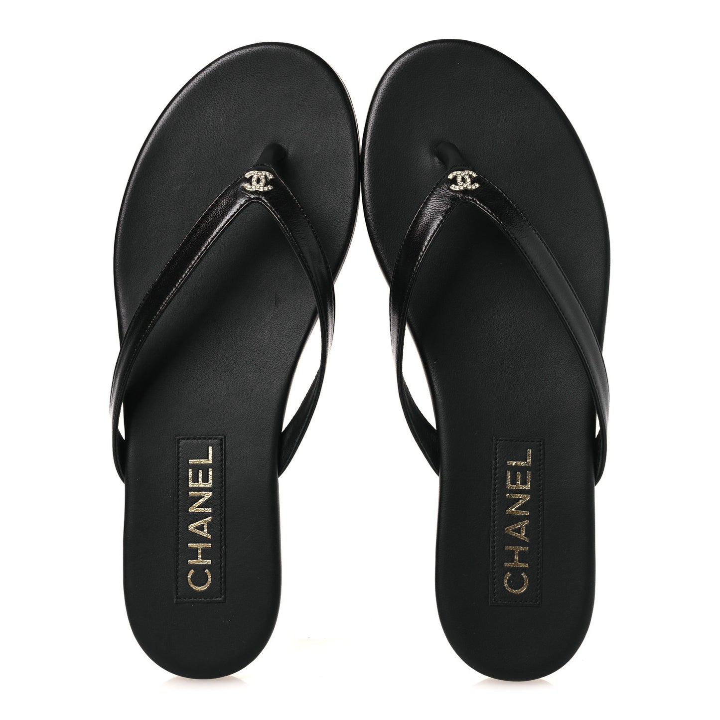 Shiny Lambskin Crystal CC Thong Sandals 38.5 Black