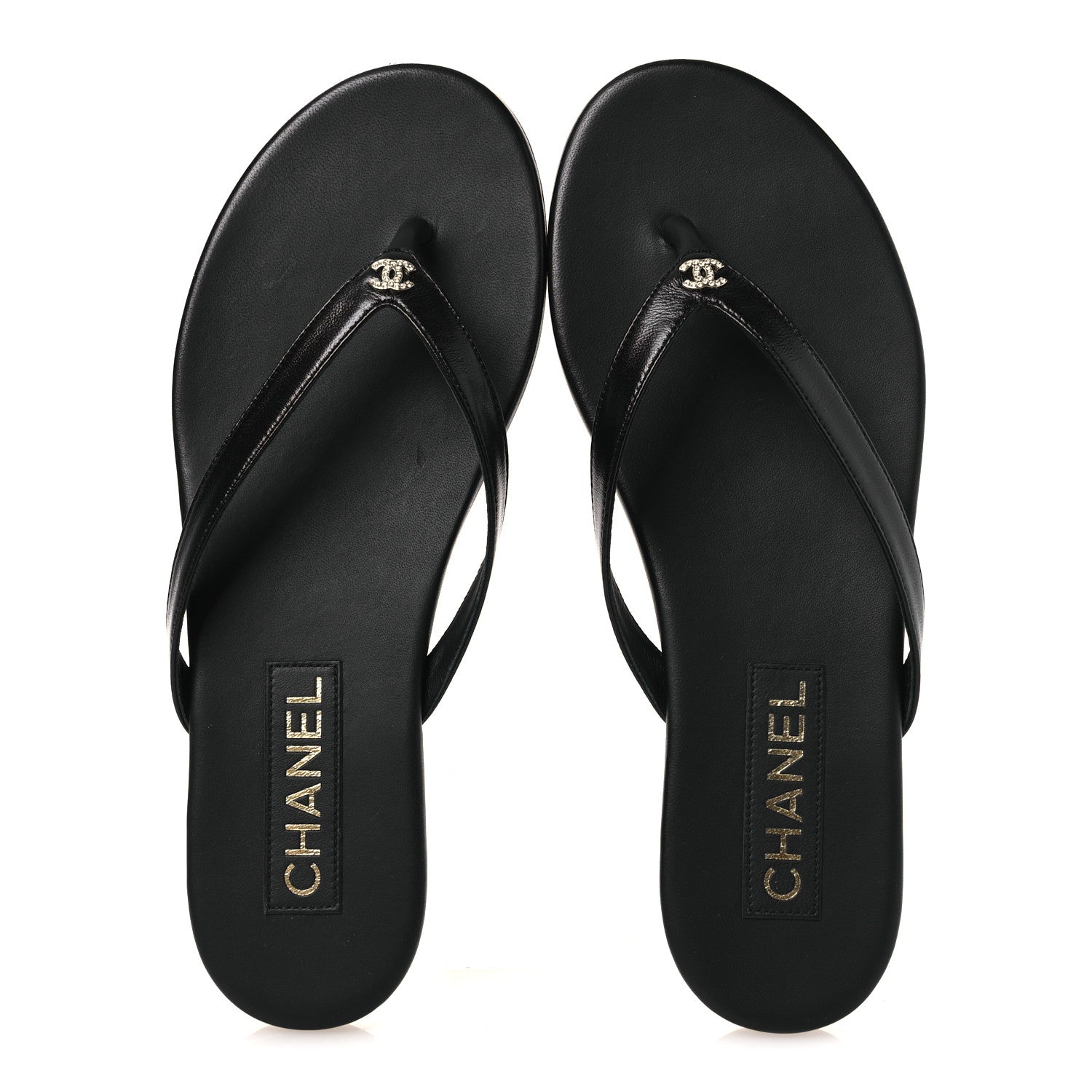 Chanel Shiny Lambskin Crystal CC Thong Sandals 38.5 Black 2 of 11