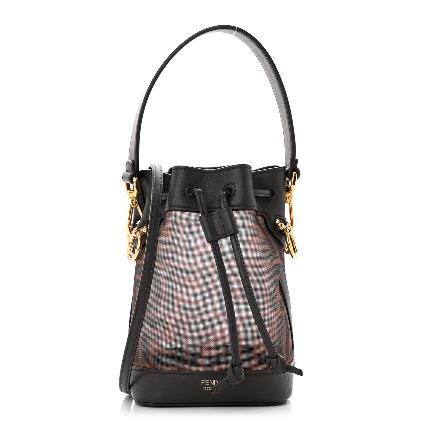 Mesh Vitello Grace F is Fendi FF 1974 Mini Mon Tresor Bucket Bag Marrone Black Ebano