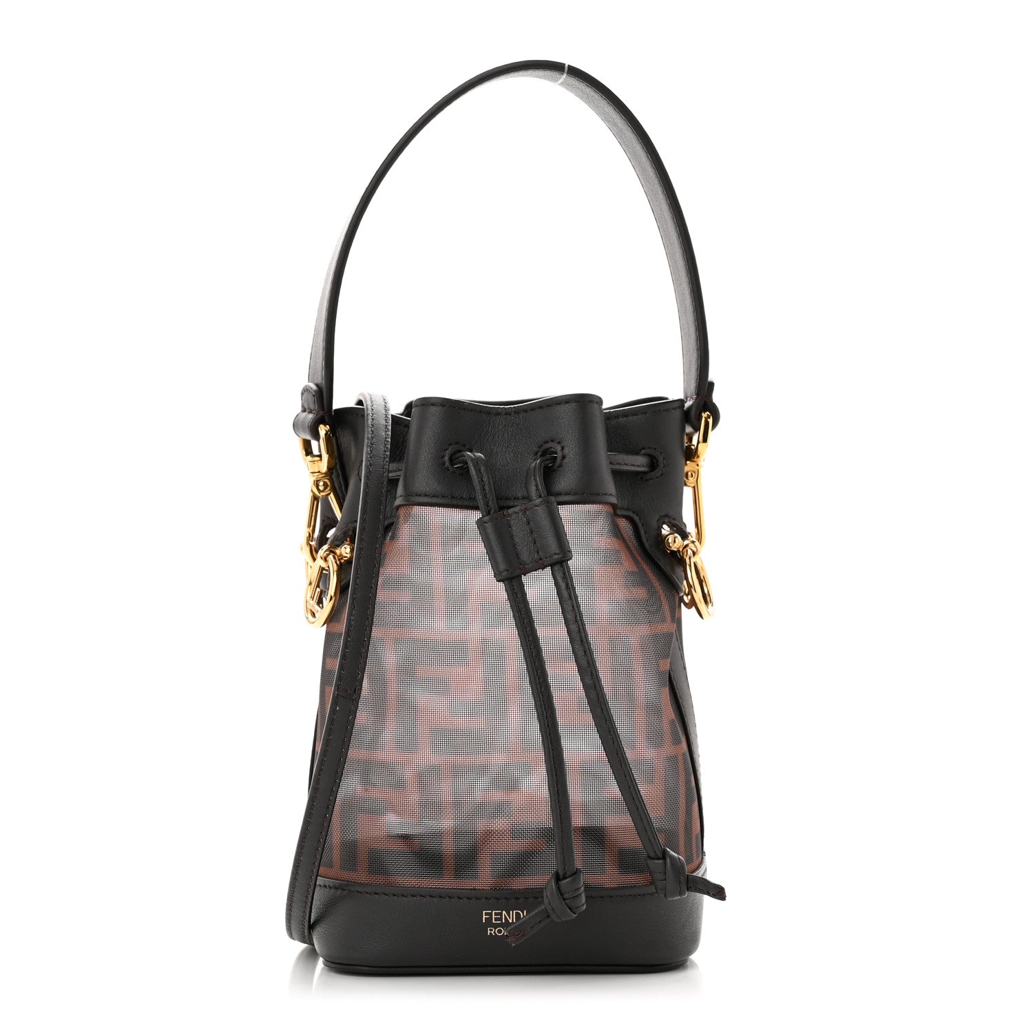 Fendi Mesh Vitello Grace F is Fendi FF 1974 Mini Mon Tresor Bucket Bag Marrone Black Ebano 1 of 10