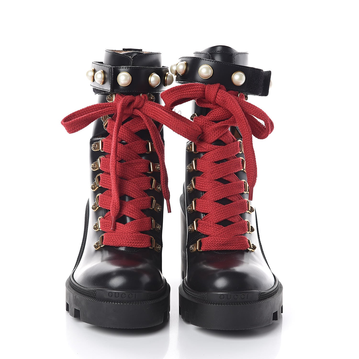 Gucci Magnum Calfskin Pearl Lace Up Combat Ankle Boots 38 Black 2 of 7