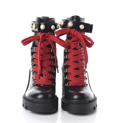 Gucci Magnum Calfskin Pearl Lace Up Combat Ankle Boots 38 Black 2 of 7