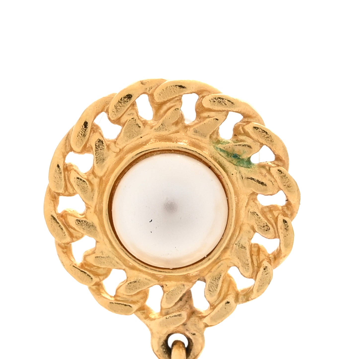Metal Pearl CC Chain Drop Earrings Gold
