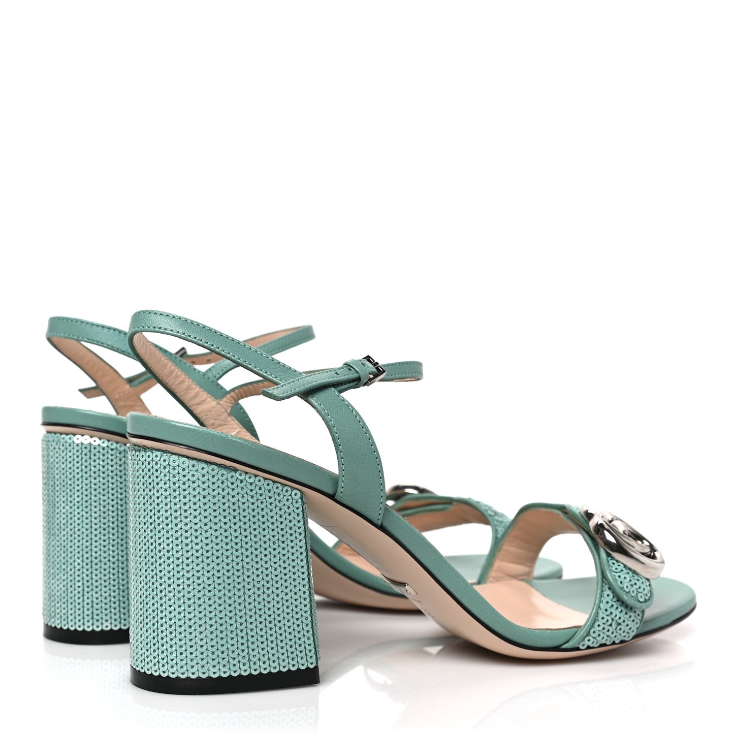Sequin Satin Malaga Kid GG Marmont Ankle Wrap 75mm Sandals 38 Water Green Verde Chiaro Light Water Green
