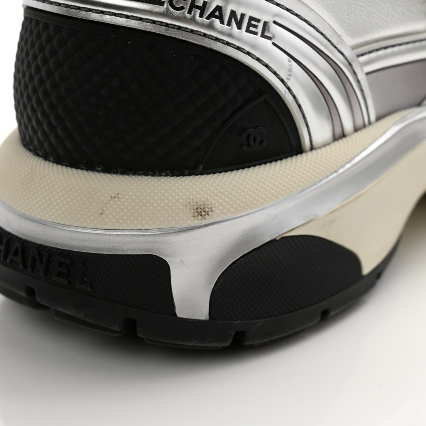 Fabric Laminated Calfskin Stretch CC Womens Sneakers 39.5 White Silver