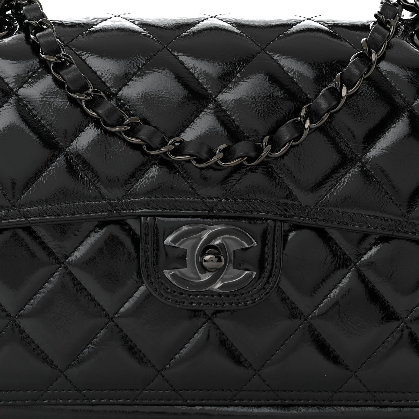 Shiny Crumpled Calfskin Quilted Large Double You Flap So Black