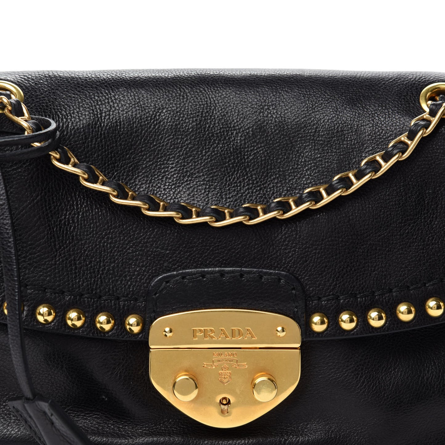 Glace Calf Studded Pushlock Chain Shoulder Bag Black