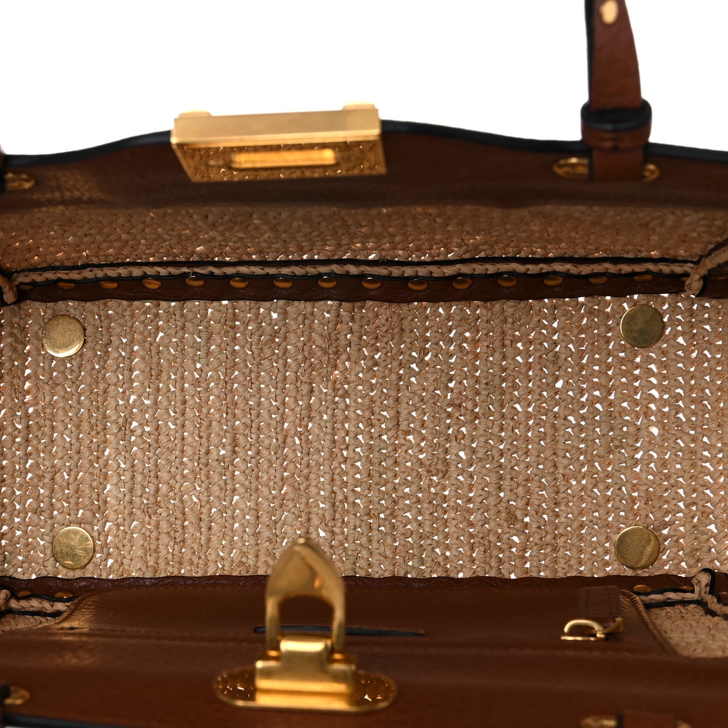 Raffia Calfskin Small Rockstud Tote Naturale Saddle Brown