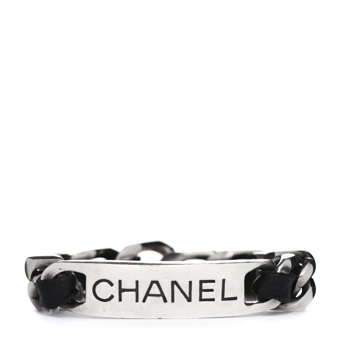 Metal Lambskin Name Plate Bracelet Black Silver