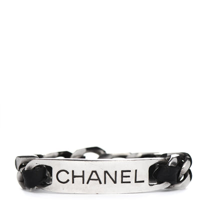 Chanel Metal Lambskin Name Plate Bracelet Black Silver 1 of 5