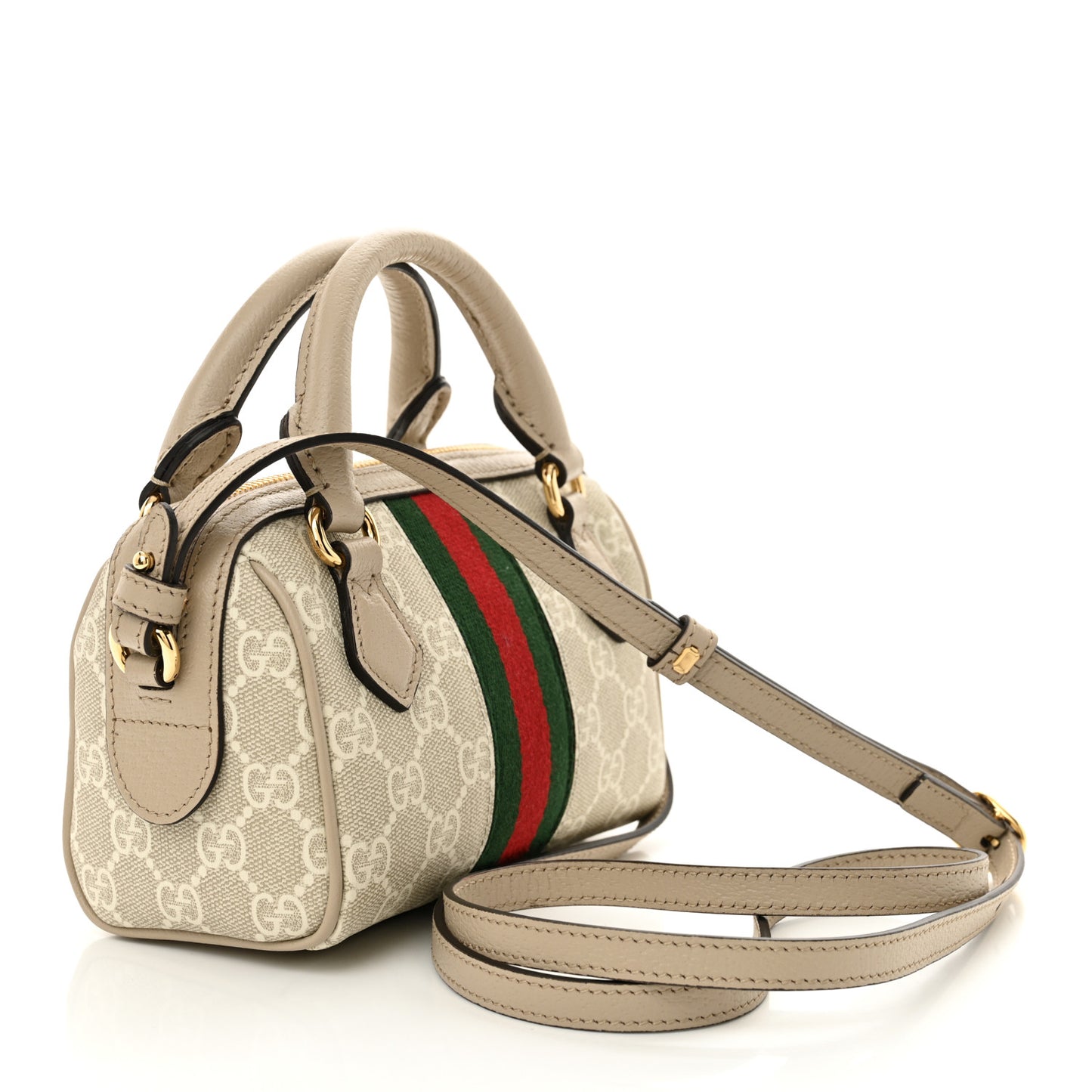 GG Supreme Monogram Textured Dollar Calfskin Web Super Mini Ophidia Top Handle Bowler Bag Beige Mystic White Oatmeal