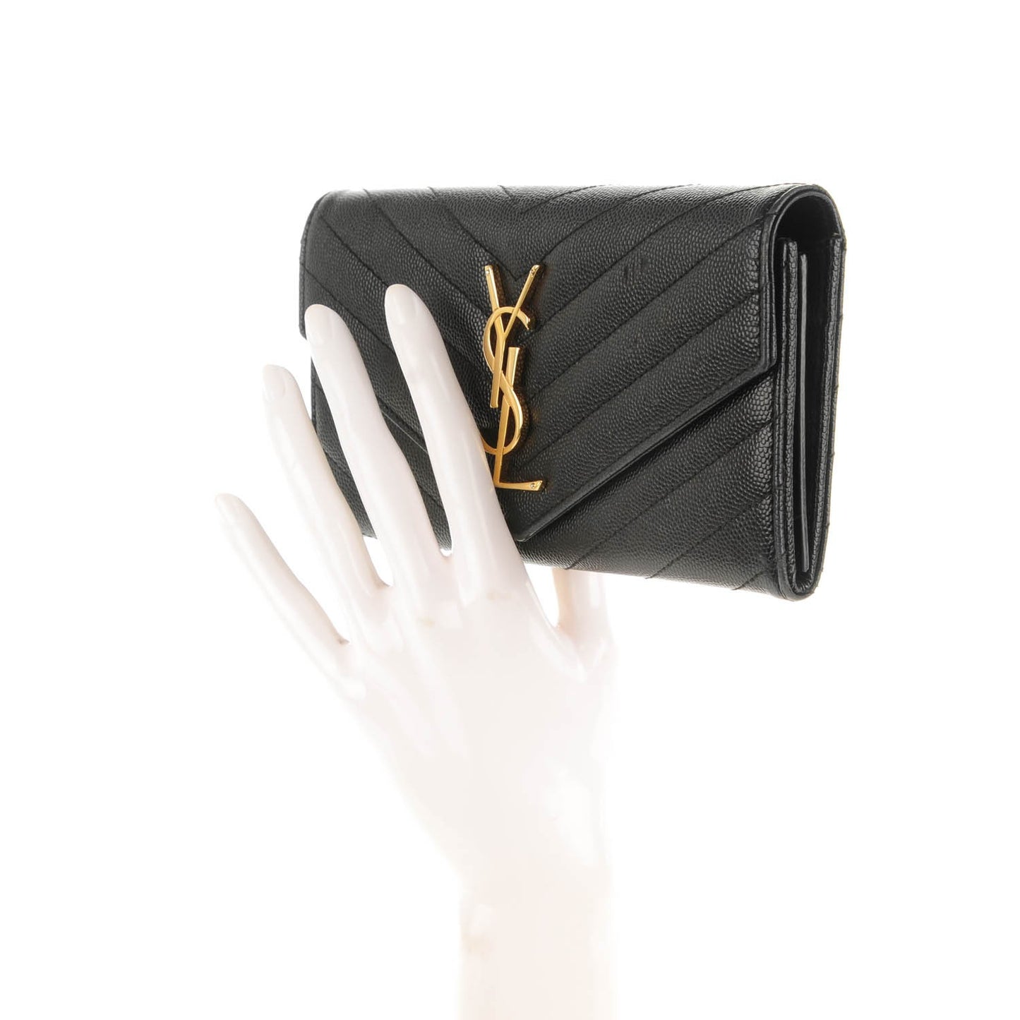 AINT LAURENT Calfskin Matelasse Chevron Monogram Flap Wallet Black