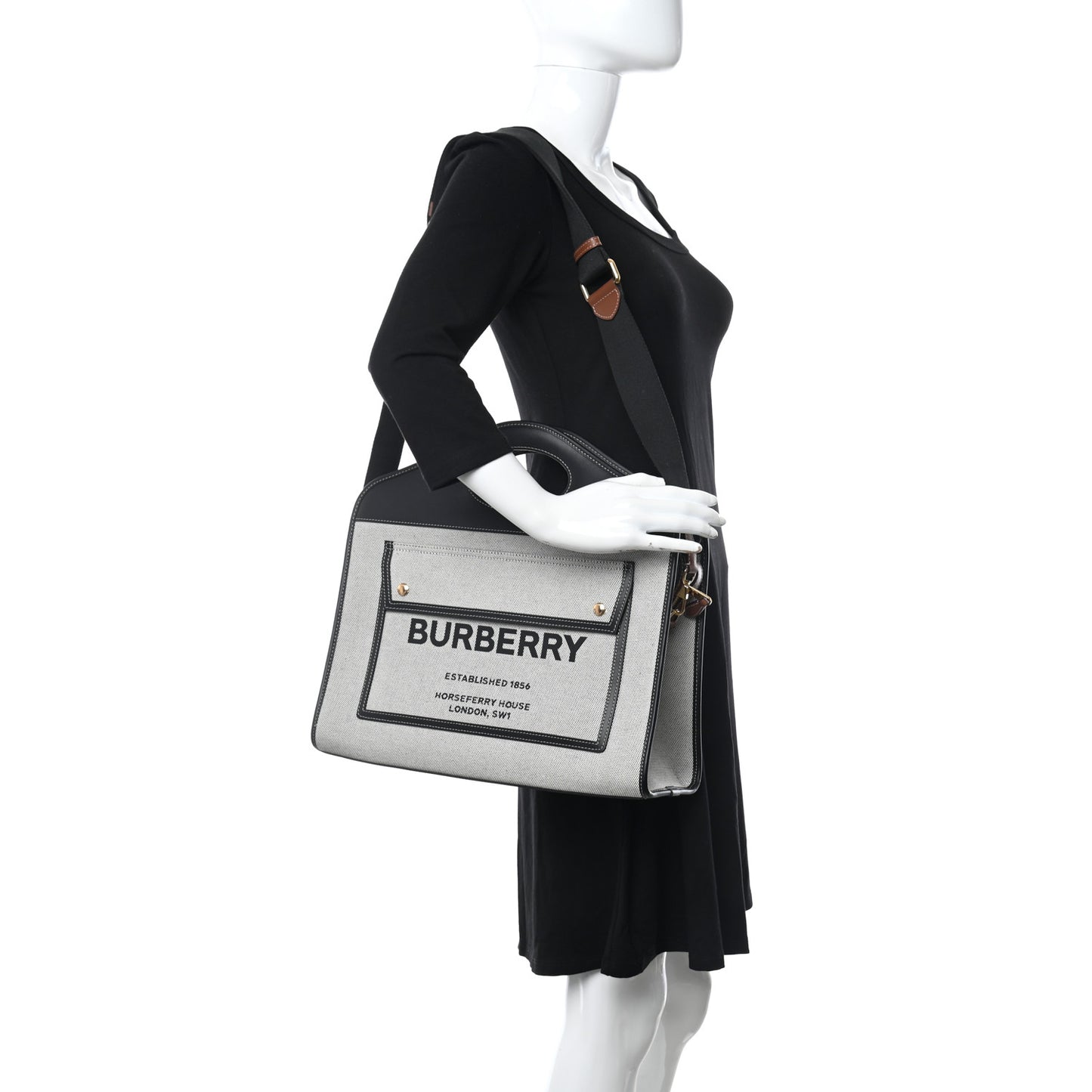 Canvas Smooth Calfskin Two Tone Medium Pocket Bag Black