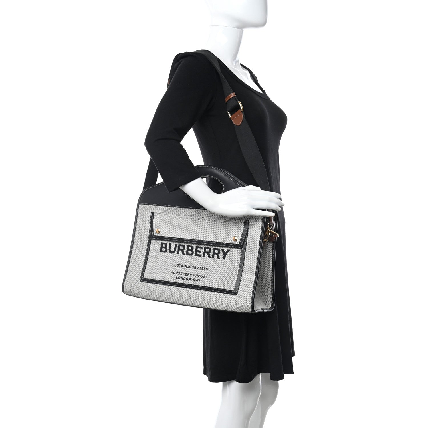 Burberry Canvas Smooth Calfskin Two Tone Medium Pocket Bag Black 2 of 8