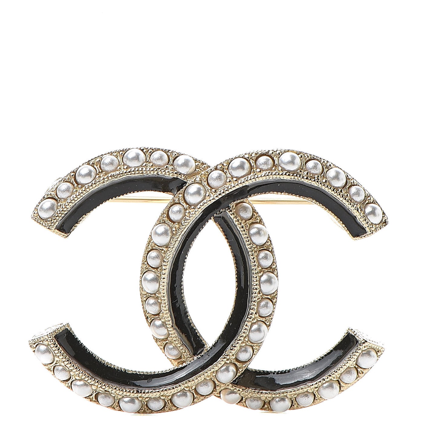 Pearl Enamel CC Brooch Black Gold