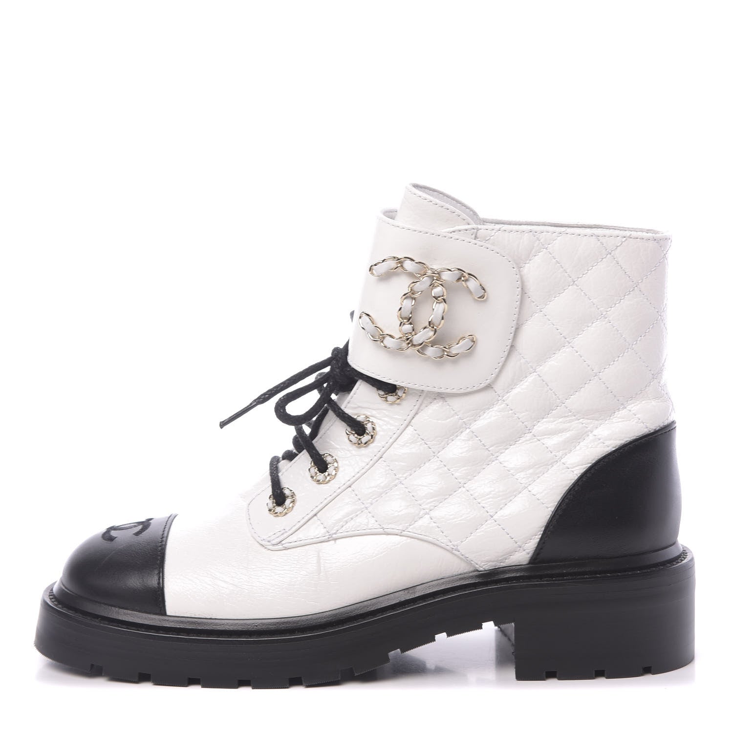 Chanel Shiny Goatskin Calfskin Quilted Lace Up Combat Boots 38.5 White Black 1 of 10