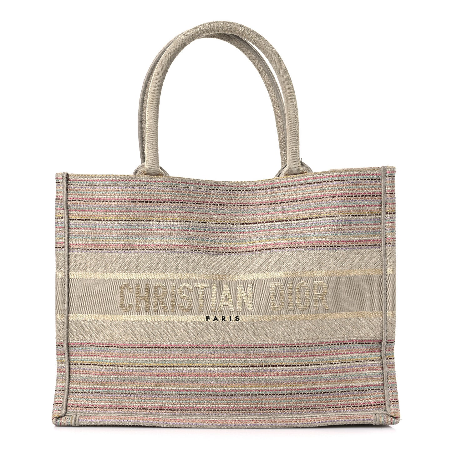 Canvas Embroidered Medium Stripes Book Tote Beige Multicolor