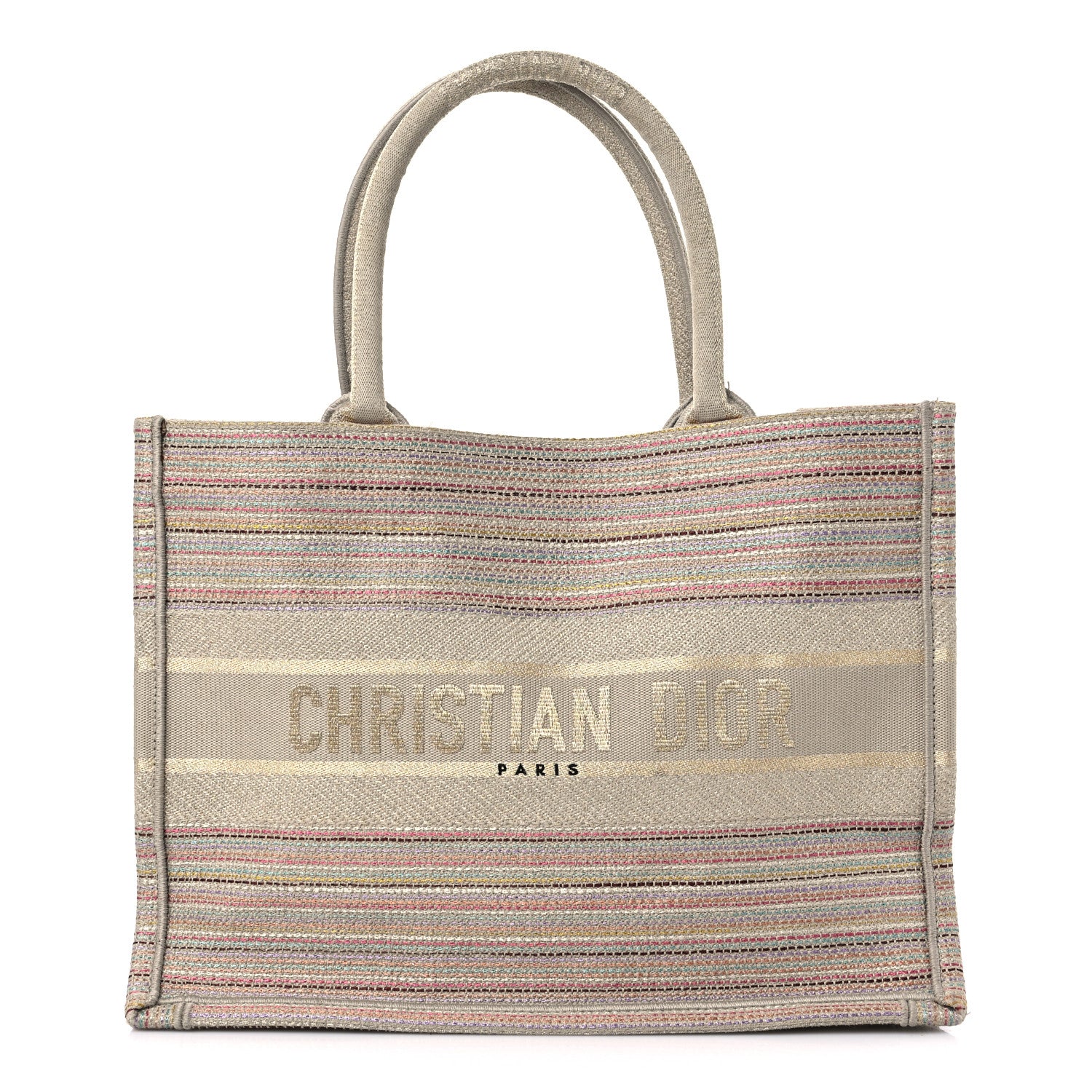 Christian Dior Canvas Embroidered Medium Stripes Book Tote Beige Multicolor 1 of 15