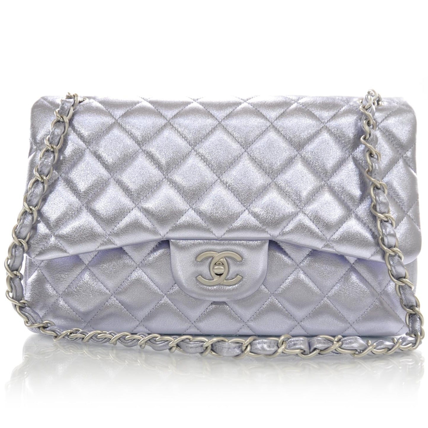 Metallic Lambskin Quilted Jumbo Flap Lilac