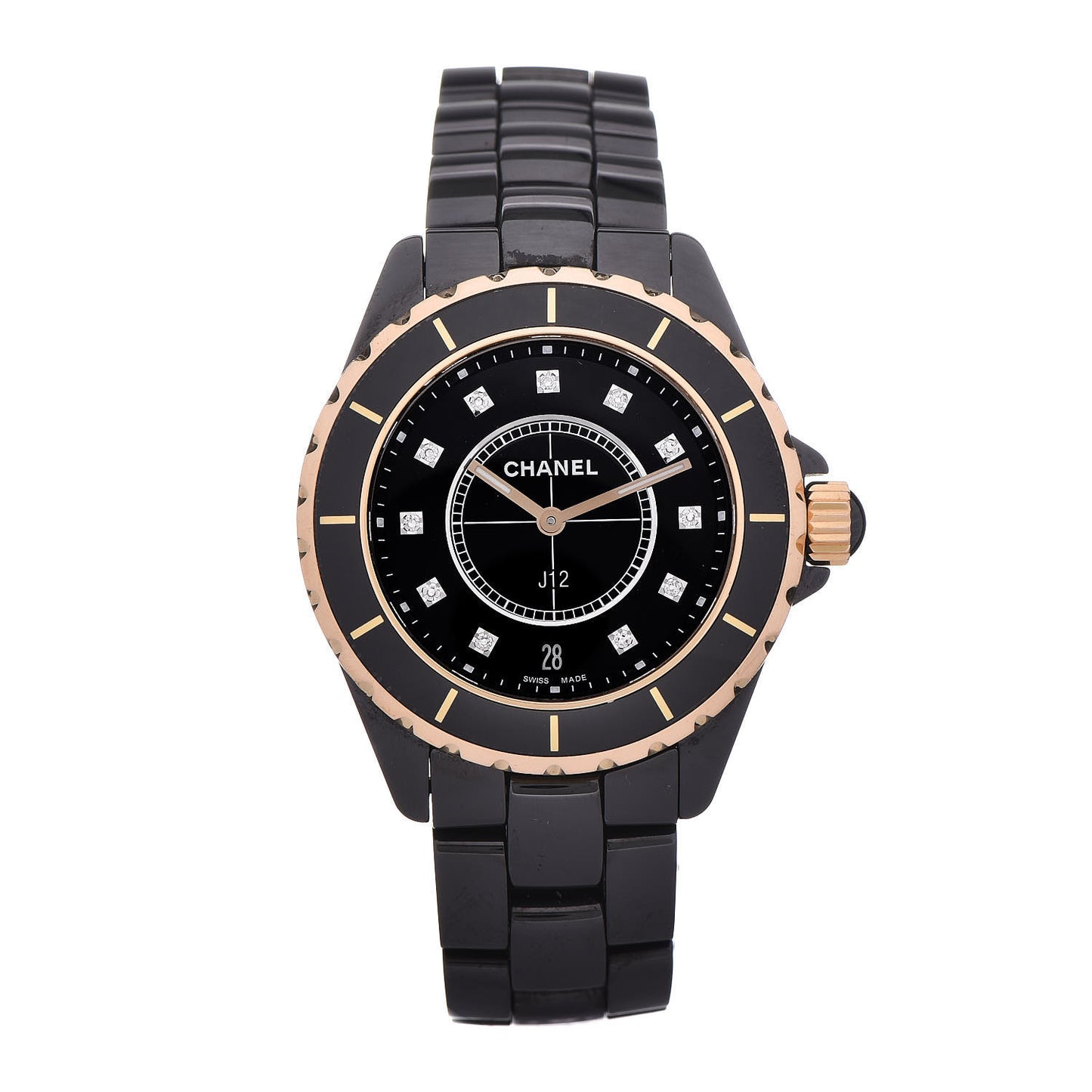 Stainless Steel 18K Yellow Gold Ceramic Diamond 38mm J12 Quartz Watch Black