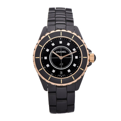 Chanel Stainless Steel 18K Yellow Gold Ceramic Diamond 38mm J12 Quartz Watch Black 1 of 6