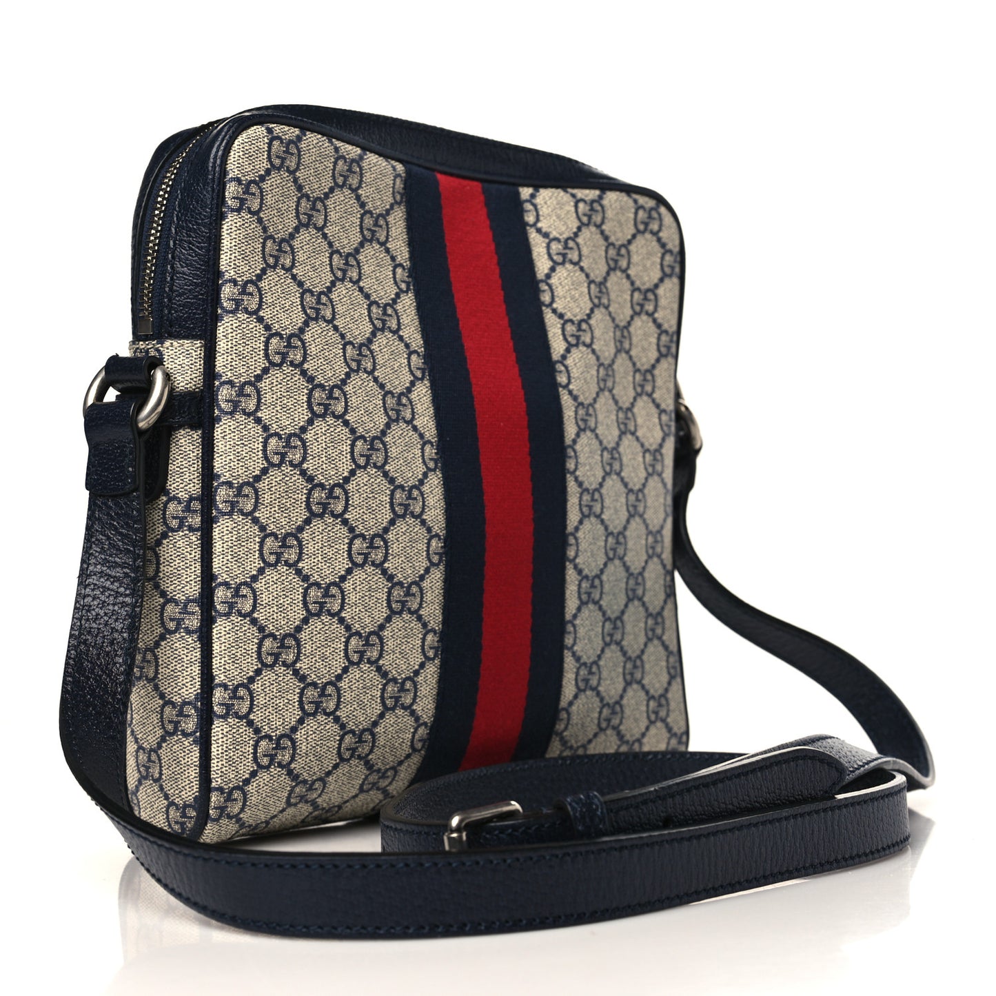 GG Supreme Monogram Textured Dollar Calfskin Web Small Ophidia Messenger Bag Beige Blue