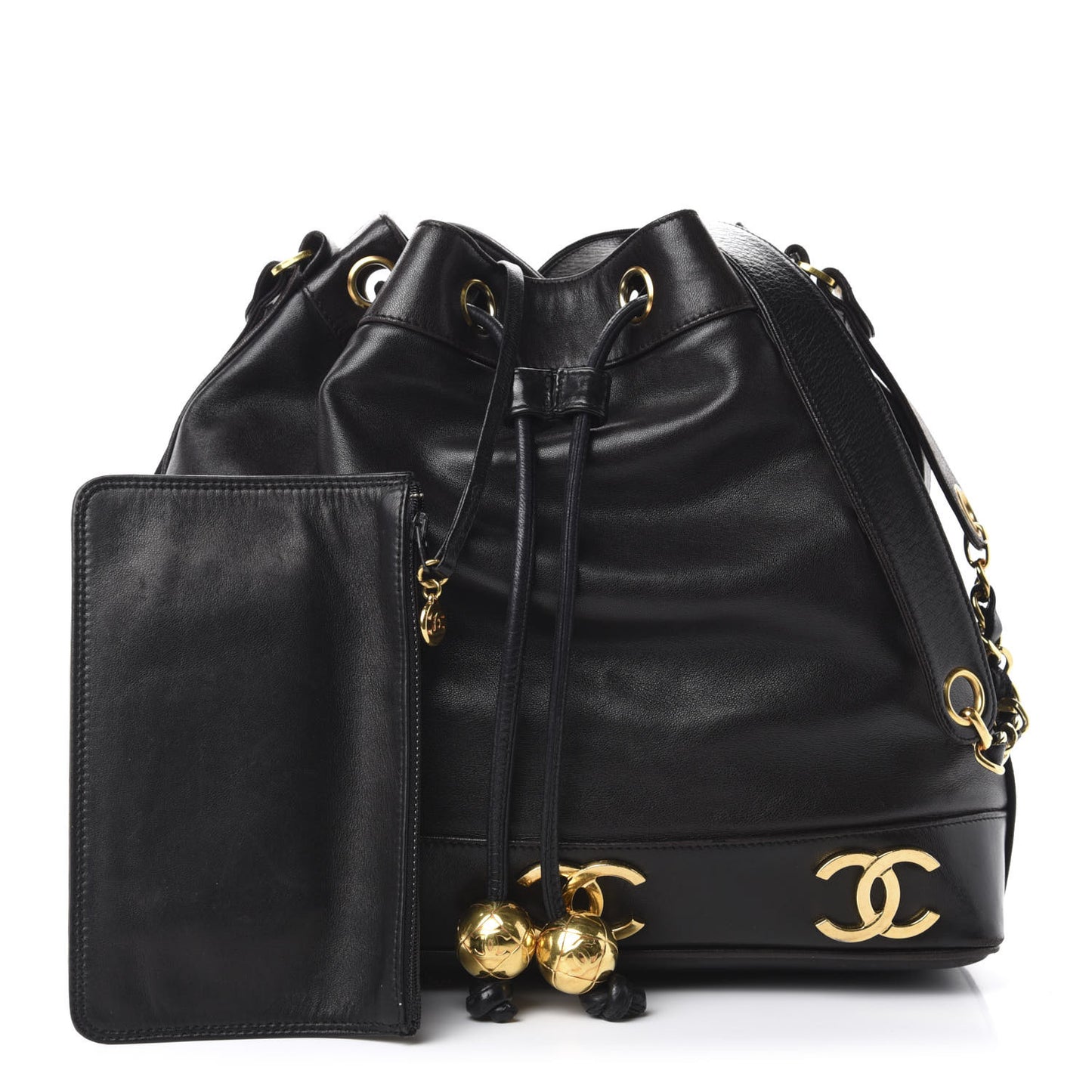 Lambskin Drawstring Bucket Bag Black