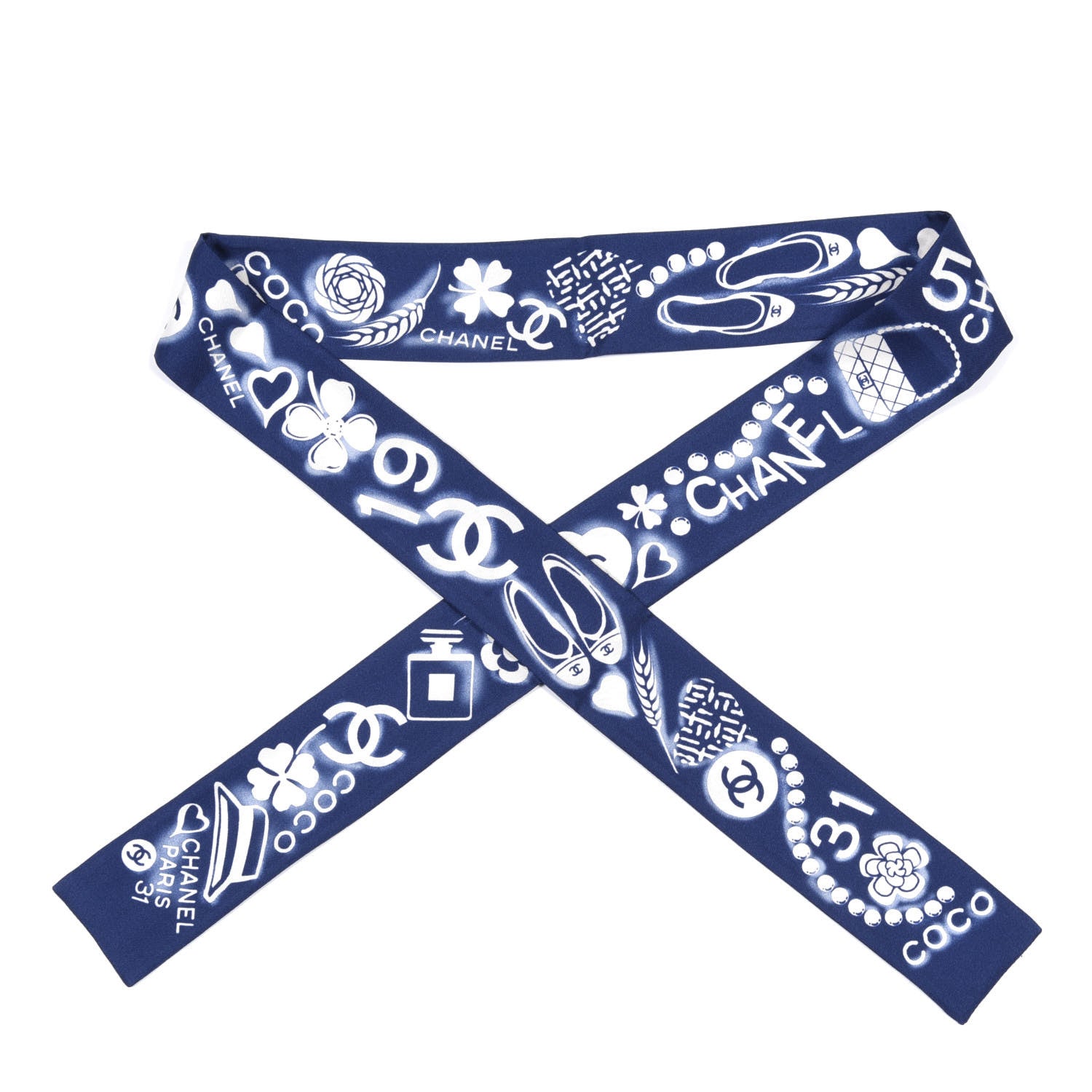 Chanel Silk CC Slim Bandeau Scarf Navy Ivory 1 of 4