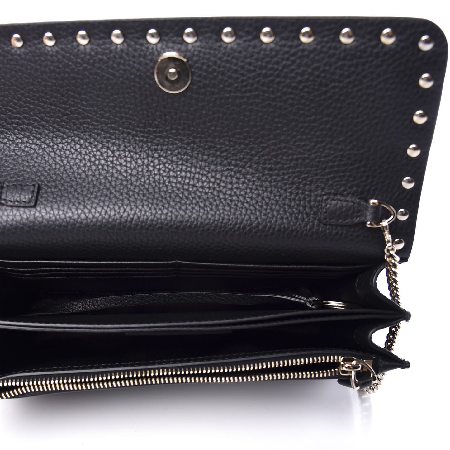 Pebbled Calfskin Rockstud Flap Wallet On Chain Black