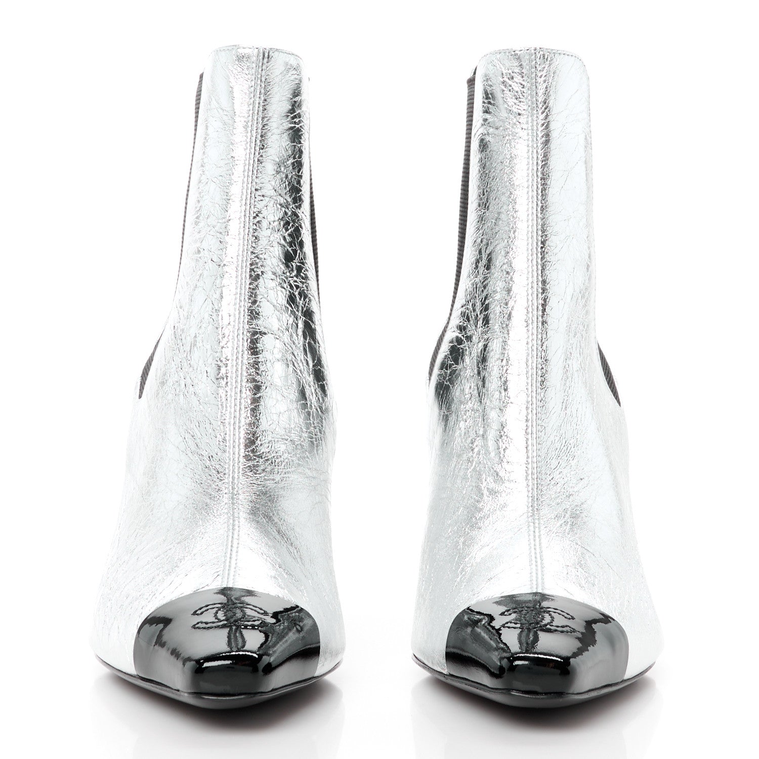 Chanel Laminated Goatskin Patent CC Cap Toe Short Boots 36 Silver 2 of 9
