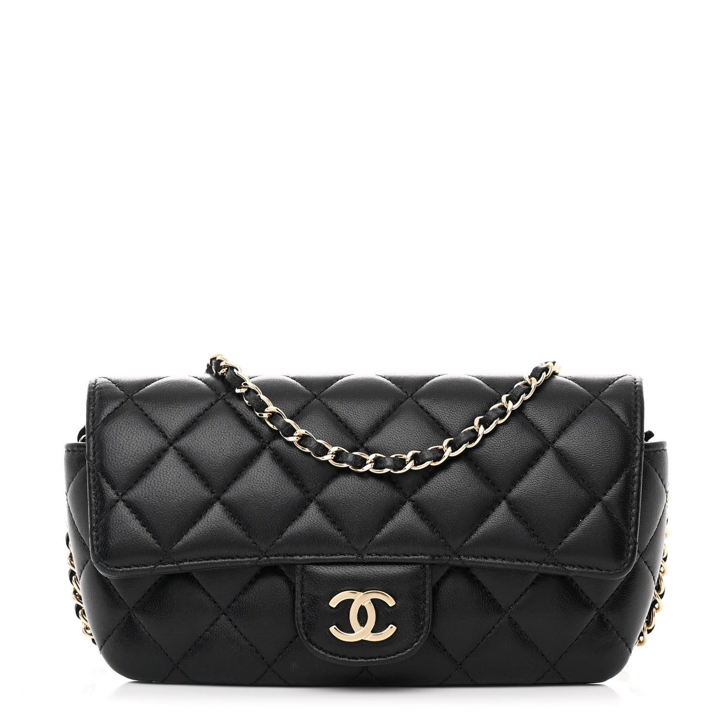 Lambskin Quilted Glasses Case With Chain Black
