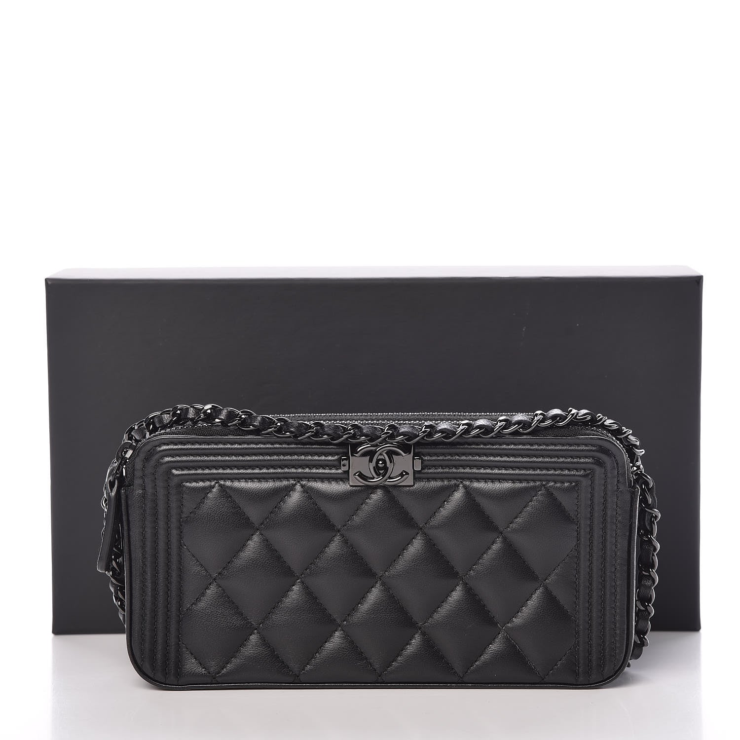 Chanel Lambskin Quilted Small Boy Clutch With Chain So Black 14 of 14