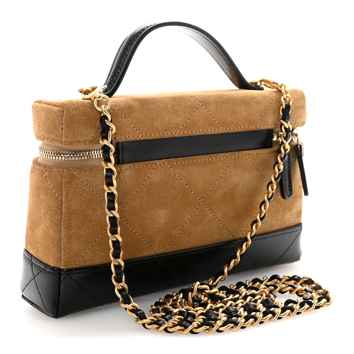 Chanel Suede Calfskin Shiny Lambskin Quilted Top Handle Slim Vanity Case With Chain Beige Black 3 of 11