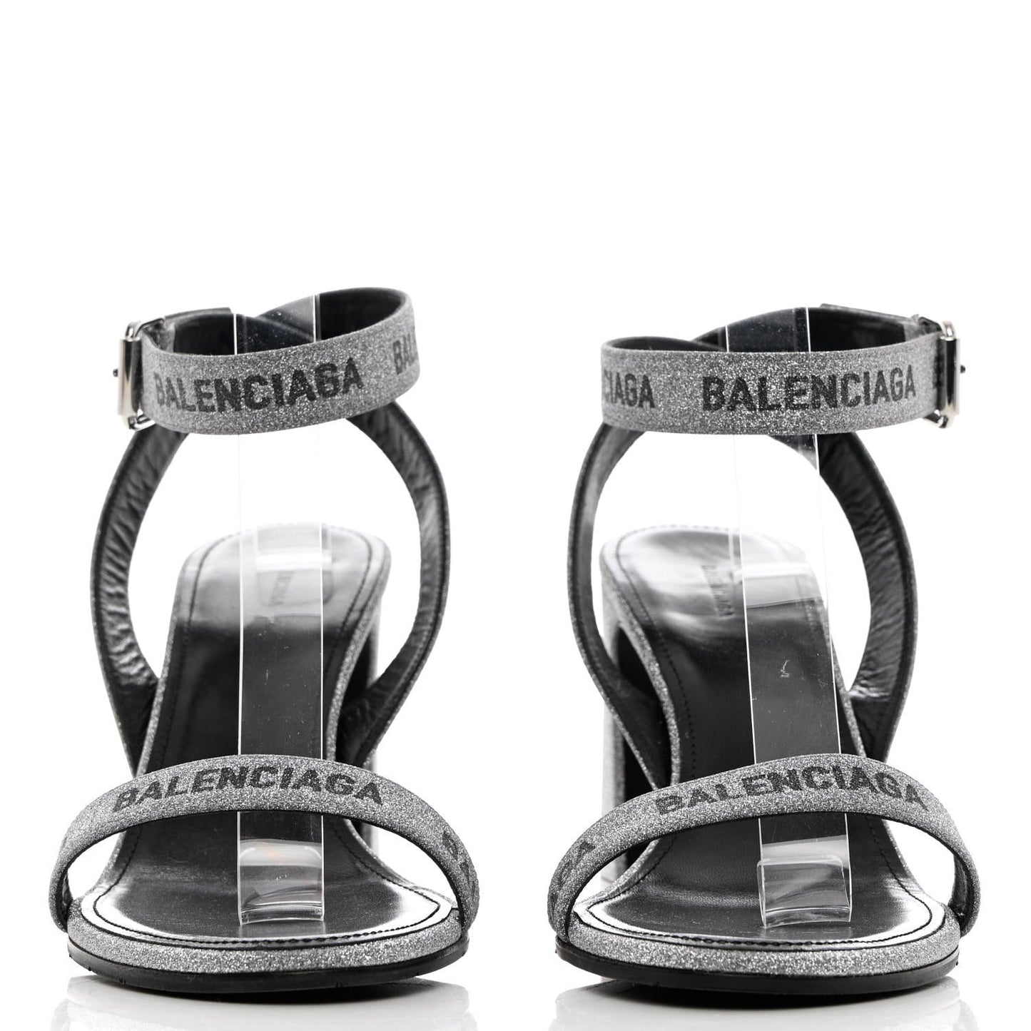 Glitter Allover Logo Ankle Strap Round Heel 80mm Sandals 39 Silver Black